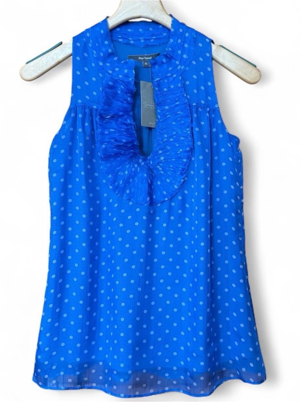 NWT Anthropologie Blue Tassel 100% Silk Polka Dot Ruffle Plunge Blouse XS